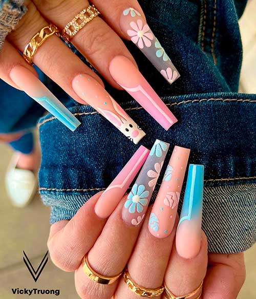 Easter Ombre Spring Nail Design Matte Easter Ombre Spring Nail Design with Flowers and Bunny