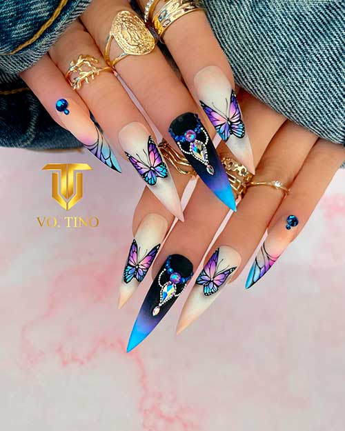 Long Stiletto Fluttering Pink and Blue Butterfly Spring Nail Design with Rhinestones