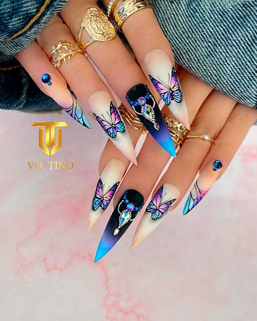 Fluttering Butterfly Spring Nail Design Long Stiletto Fluttering Pink and Blue Butterfly Spring Nail Design with Rhinestones