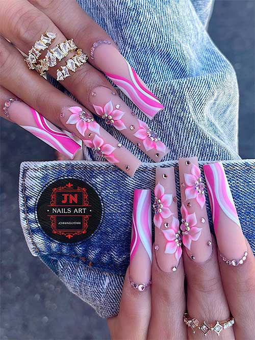 Girly Floral and Swirl Nail Art Design Girly Coffin Floral and Swirl Nail Art Design with Rhinestones - Long Nail Designs 2022