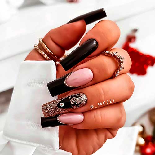 Glossy Long Square Black Nails with Gold Glitter Reindeer Accent Nail and French Accent Nail - Black Nail Designs 2022 Glossy Long Square Black Nails with Gold Glitter Reindeer Accent Nail and French Accent Nail - Black Nail Designs 2022