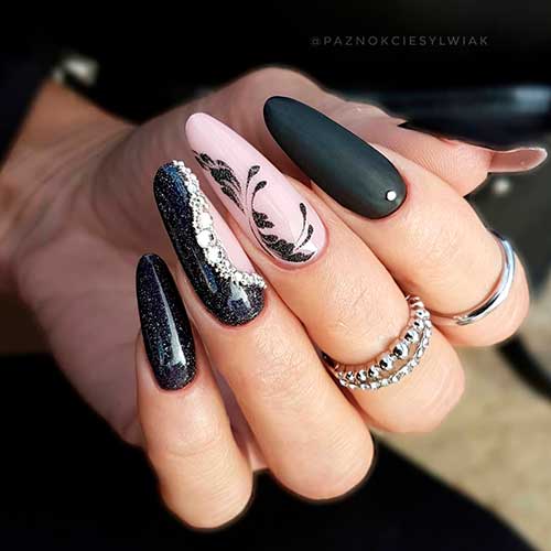 Long Almond Matte and Glossy Black Nails with Swirls, glitter, and rhinestones Design - Black Nail Designs 2022