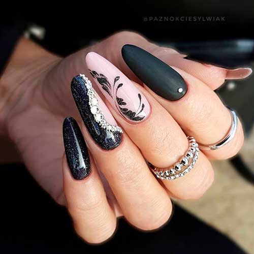 Long Almond Matte and Glossy Black Nails with Swirls, glitter, and rhinestones Design - Black Nail Designs 2022 Long Almond Matte and Glossy Black Nails with Swirls, glitter, and rhinestones Design - Black Nail Designs 2022