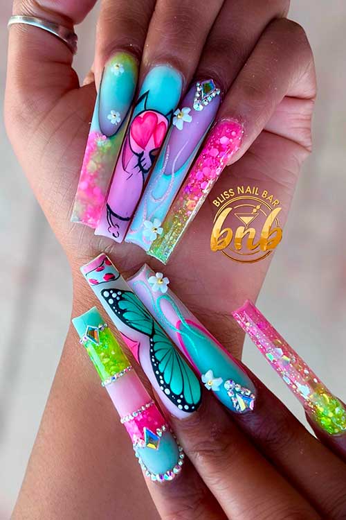 Long Coffin Colorful Spring Nails with Glitter and Rhinestones