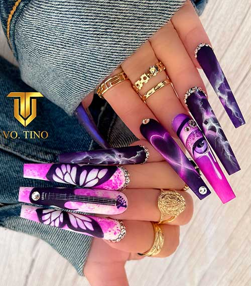 Long Coffin Pink and Purple Rain Nails with Butterfly Nail Art Design for Spring Time