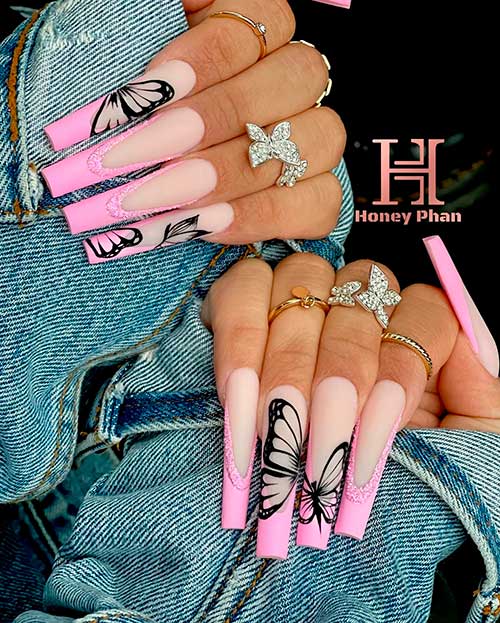 Long Coffin matte pink French tip nails with hand painted black butterflies with pink glitter design - Spring Nail Designs