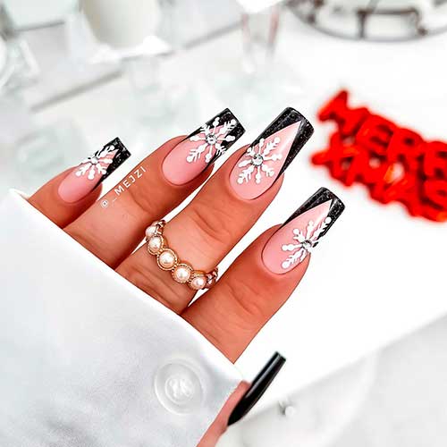 Long Glossy Coffin French Tip Black Nails with Rhinestones Snowflakes Design - Black Nail Designs 2022 Long Glossy Coffin French Tip Black Nails with Rhinestones Snowflakes Design - Black Nail Designs 2022