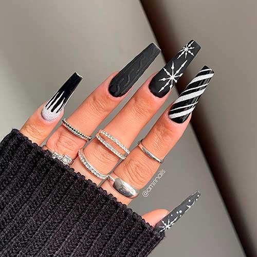 Long Glossy and Matte Christmas Coffin Black Nails with Sweater, Candy Cane, and Snowflakes Nail Art - Black Nail Designs 2022