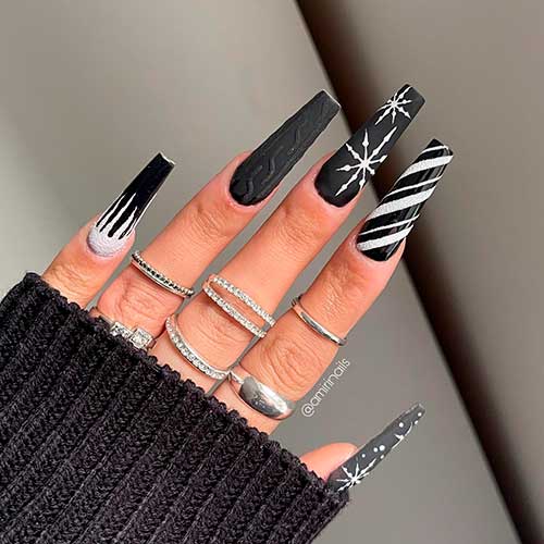 Long Glossy and Matte Christmas Coffin Black Nails with Sweater, Candy Cane, and Snowflakes Nail Art - Black Nail Designs 2022 Long Glossy and Matte Christmas Coffin Black Nails with Sweater, Candy Cane, and Snowflakes Nail Art - Black Nail Designs 2022