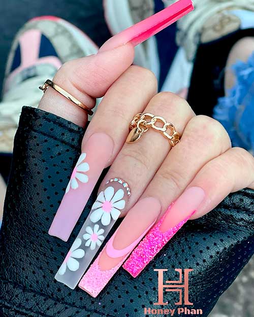 Long Square Spring Flower Nails Design with Pink Glitter and Rhinestones