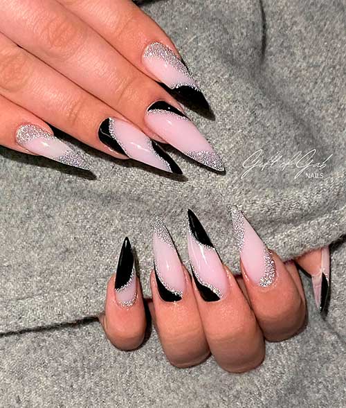 Long Stiletto Black and Silver Nails with Abstract Nail Art Design - Black Nail Designs 2022