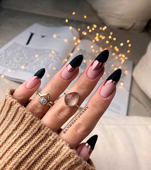 Long almond matte black tip nails with rose gold chrome abstract nail art design - Black Nail Designs 2022