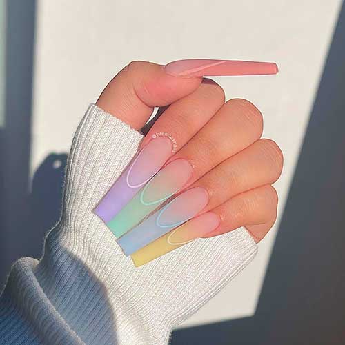 Long coffin matte multicolor ombre French spring nails idea - Stunning Spring Nail Designs
