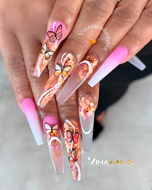 Long coffin pink ombre spring nails with butterfly and glitter design - Classy Spring Nail Designs