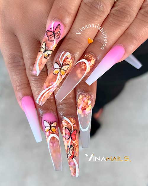 Long coffin pink ombre spring nails with butterfly and glitter design Long coffin pink ombre spring nails with butterfly and glitter design - Classy Spring Nail Designs