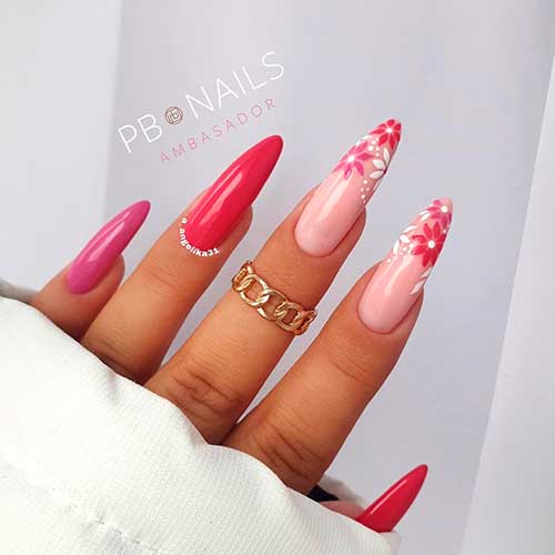 Long pink spring nails with two accent flower nails with nude base color - Easy Spring Nail Designs