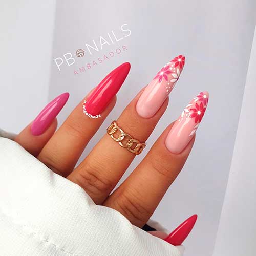 Long pink spring nails with two accent flower nails with nude base color Long pink spring nails with two accent flower nails with nude base color - Easy Spring Nail Designs