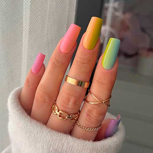 Long square glossy ombre colorful spring nails