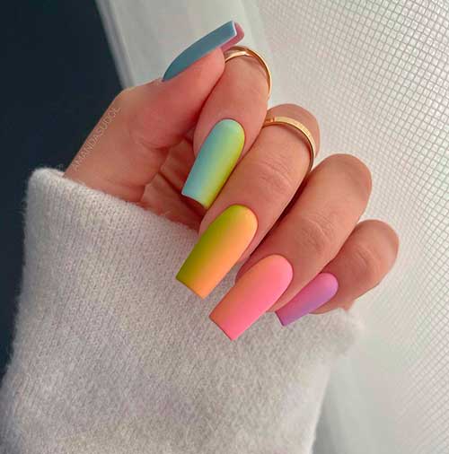 Long square matte ombre colorful spring nails 2022 design - Cool Spring Nail Designs