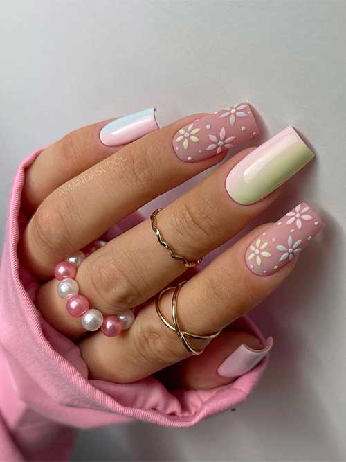 Long square-shaped ombre pastel spring nails 2023 with flowers on two accent nails