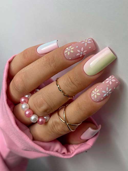 Ombre Paste Spring Nails Long square-shaped ombre pastel spring nails 2023 with flowers on two accent nails