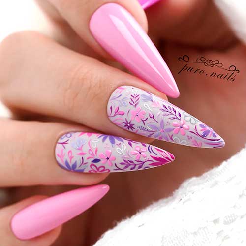 Long stiletto pink spring nails with two accent flower nails design - Floral Spring Nail Designs