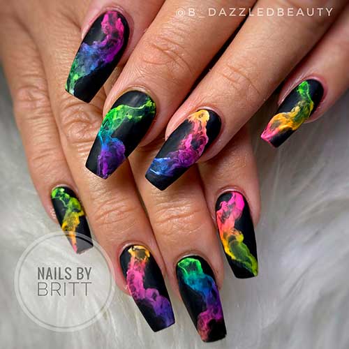 Matte Coffin Black Nails with Colorful Neon Smoke Matte Coffin Black Nails with Colorful Neon Smoke