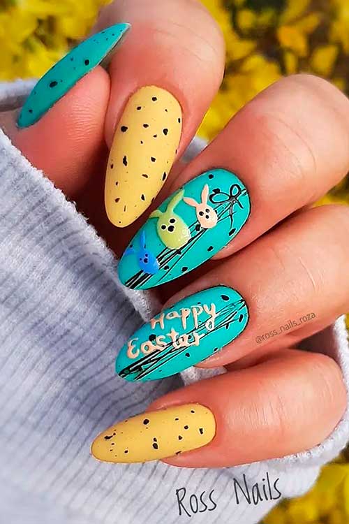 Long Almond Shaped Matte Mint Green and Yellow Easter Egg Nails 2022