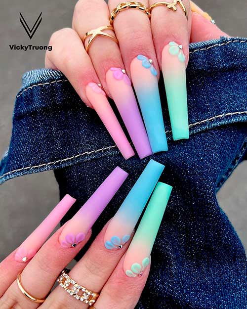 Matte Light Pink, Purple, Blue, and Mint Green Ombre Spring Acrylic Nails with Flowers
