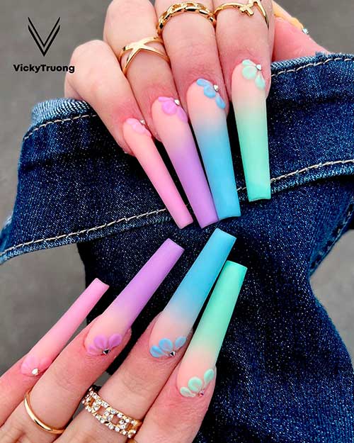 Matte Multicolor Ombre Spring Acrylic Nails Matte Light Pink, Purple, Blue, and Mint Green Ombre Spring Acrylic Nails with Flowers
