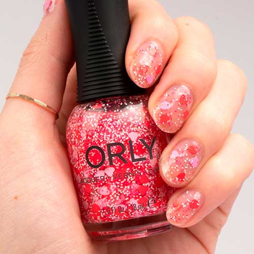 Short Nude Nails with ORLY Crush Nail Polish and Red and Pink Patches