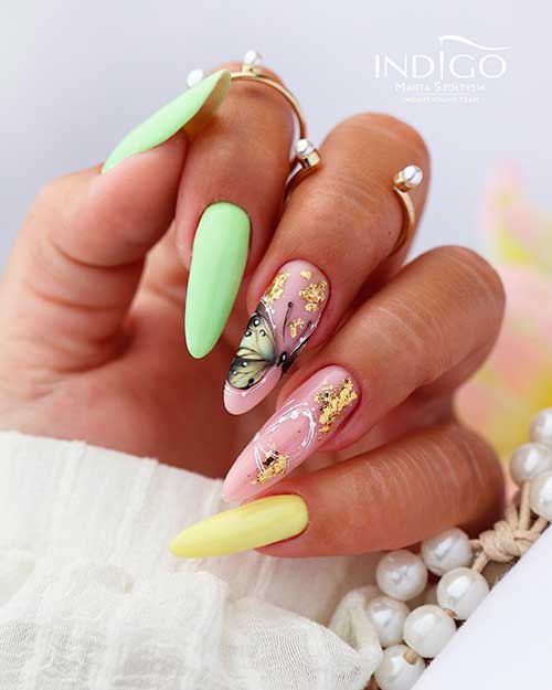 Pastel Green, Yellow, and Butterfly Nail Art with Gold Foil and Butterfly Nail Art