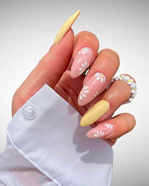 Long Almond Pastel Yellow with Spring Floral Nail Art On Nude Nails
