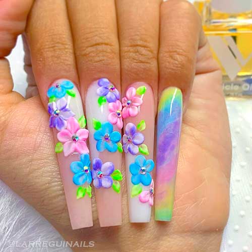 Pastel multicolored floral long spring nails - Long nail designs 2022