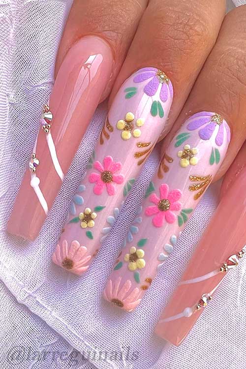 Pretty Long Nude Color Nails with Colorful Flowers and Rhinestones for Spring Season