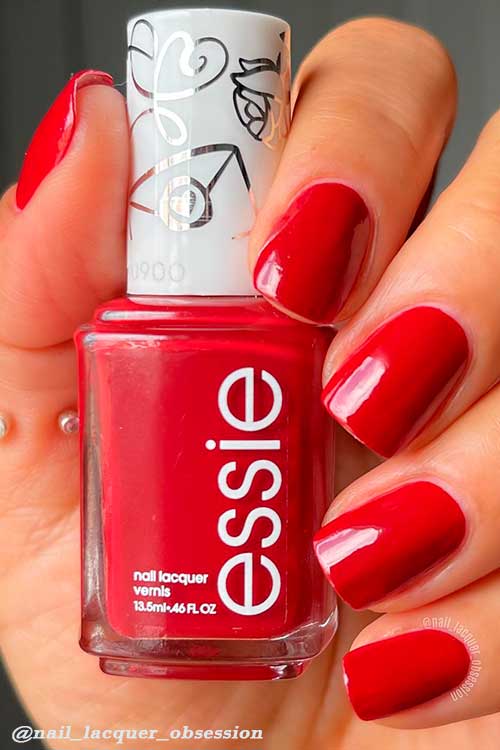 Short Square crimson red nails that using Essie Nail Polish love note-worthy from valentine's day collection 2022