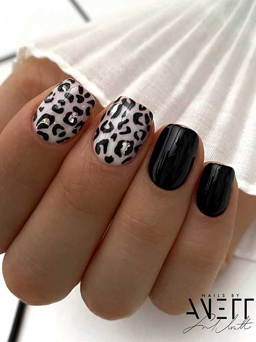 Short black nails with leopard prints on two milky white accent nails