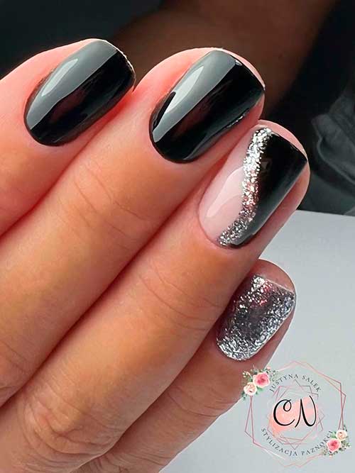 Glossy Short black nails with silver glitter