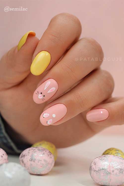 Spring Short Yellow and Pink Easter Nails Design with A Bunny