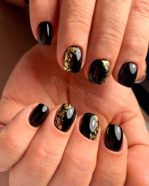 Square Short Black Nails with Gold Flakes Design - Black Nail Designs 2022