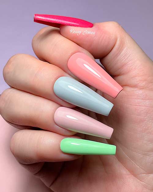 Cute Long Coffin Multicolor Nails with Colors of Spring