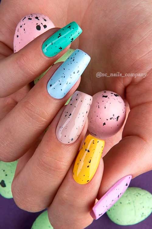 Long Square Shaped Easter Egg Multicolor Nail Design