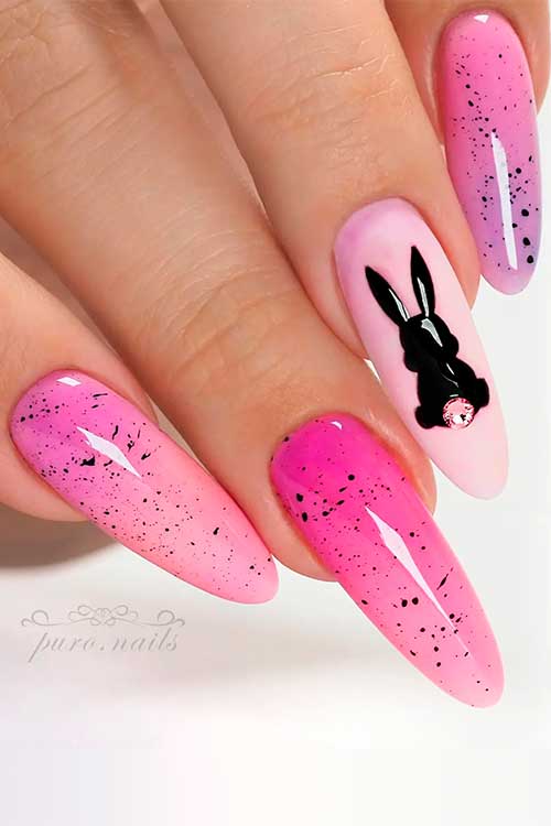 Light to Hot Pink Ombre Egg Easter Manicure with A Touch of Purple and A Bunny on Accent Nail