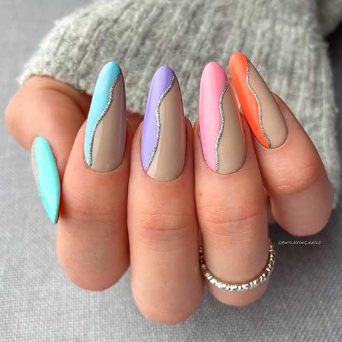 Long Almond Shaped Pastel Multi colored Nails with Rainbow Colors and Silver Glitter Lines