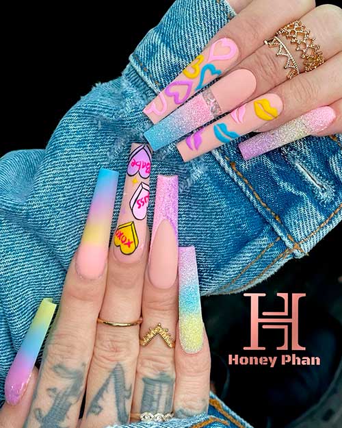 Long Coffin Matte Multicolor Nails with Hearts, Glitter, Kisses, and Ombre Spring Nail Art