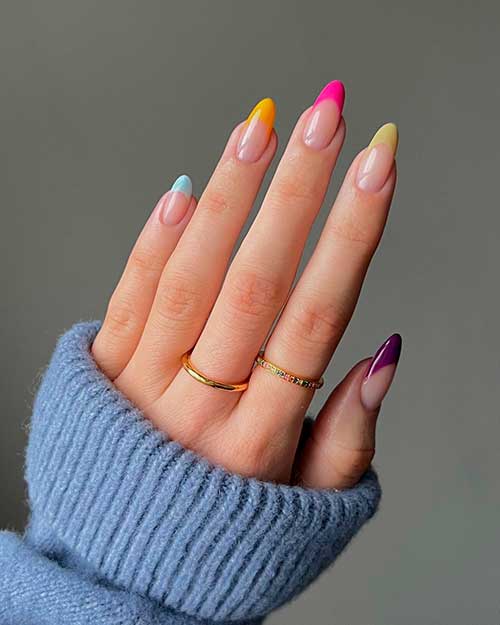 Long Round Spring Rainbow Multi Color French Tip Nails