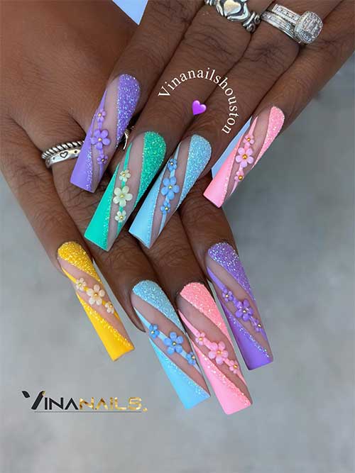 Long square-shaped colorful nails 2023 with sugar glitter and spring daisy flowers