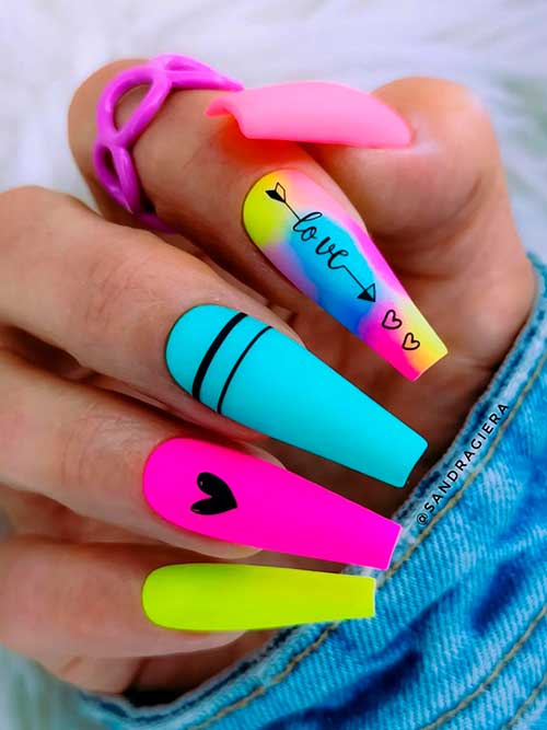 Long Coffin Shaped Neon Multicolor Nails for Summer 2022