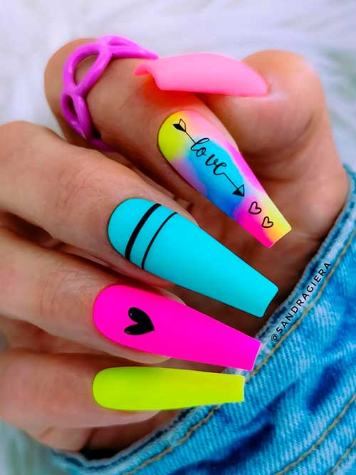 Neon Multicolor Nails Long Coffin Shaped Neon Multicolor Nails for Summer 2022