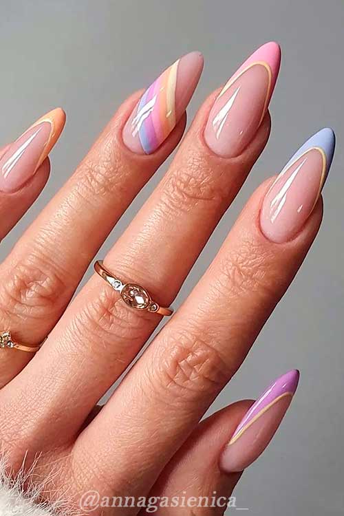 Pastel Rainbow French Tip Nails Almond Shaped Design